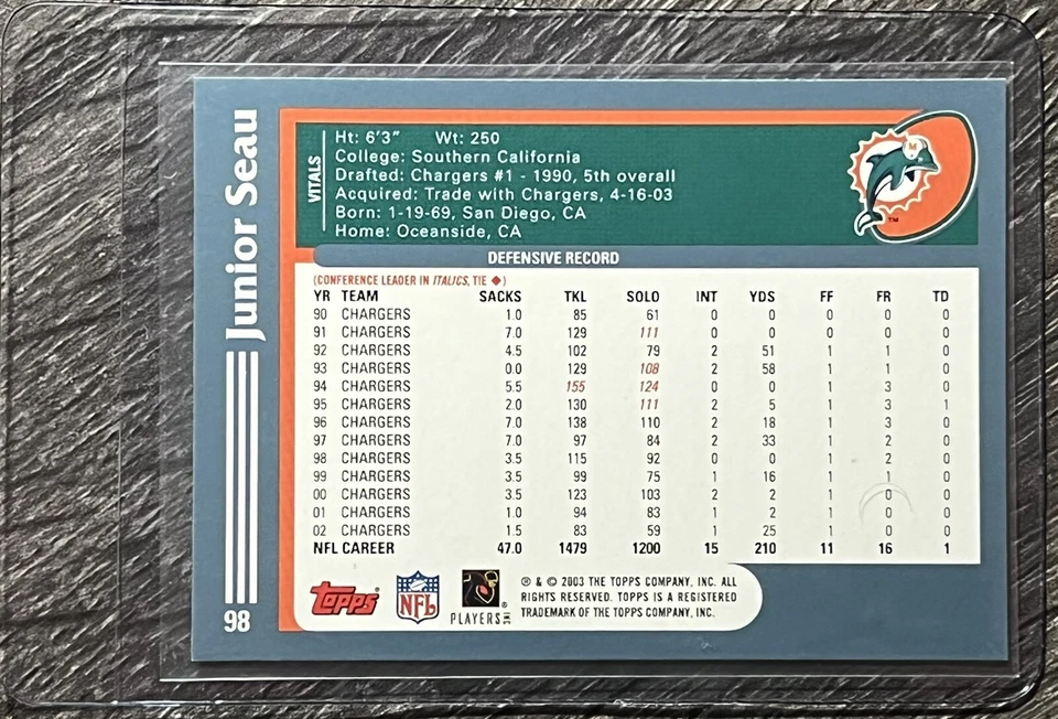 2003 Topps 🏈 1st Edition #98 JUNIOR SEAU 🏈 Chargers = Dolphins 🏈 FREE SHIP - Image 2 of 2