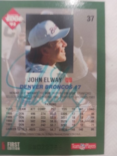 1992 Collector's Edge John Elway #37 Auto - Picture 2 of 3