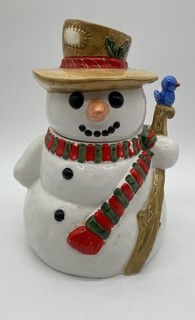 Multicolor Hand Painted Snowman Bluebird Holiday Christmas Ceramic Cookie Jar