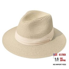 Women Wide Brim Straw Panama Roll up Hat Fedora One Size-Medium Beige/Khaki
