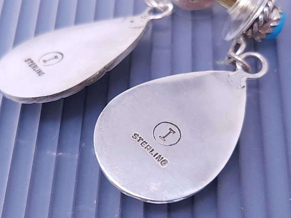 Pendientes colgantes vintage navajo "I" de plata de ley 925 turquesa Foto 4 de 4