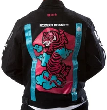 NWT Reason Brand Black Denim Jacket Tiger Cloud Print Pink Sky Blue Men XL