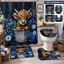4-Piece Highland Cow Scottish Cow Bathroom Set Blue Floral Rustic Farmhouse