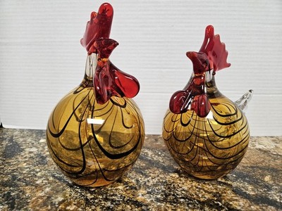 Set Of Two Murano Hand Blown Glass Roosters Amber Color With Black Swirls