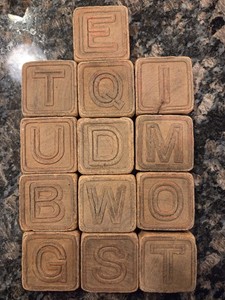 14 Vintage Wooden Alphabet/Animal Blocks 1 3/4" X  1 3/4" X 5/8" H Thin