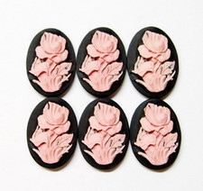 8 Vintage Pink over Black 25x18mm Blooming 3D Rose Leaves Resin Cameos Cabochons