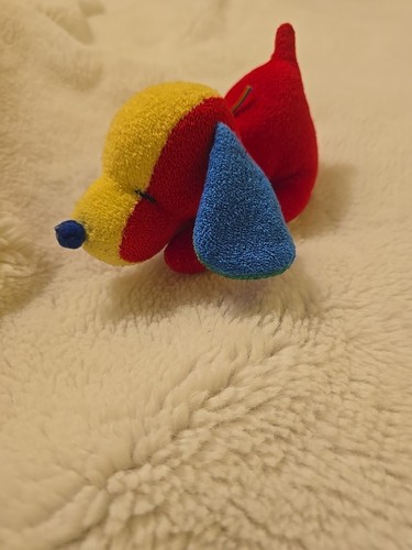 SELTEN RARITÄT Bantam Vintage rot gelb blau grün Plüsch Rassel Hund schneller Versand - Bild 1 von 8