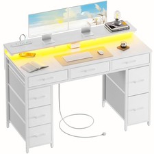 120 cm Computer Desk with Drawers, Gaming Table with LED Lights & Power Outlets