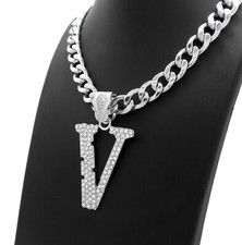 ICED HIP HOP SILVER PT UZI VERT V PENDANT  18" 20" 24" CUBAN CHAIN NECKLACE