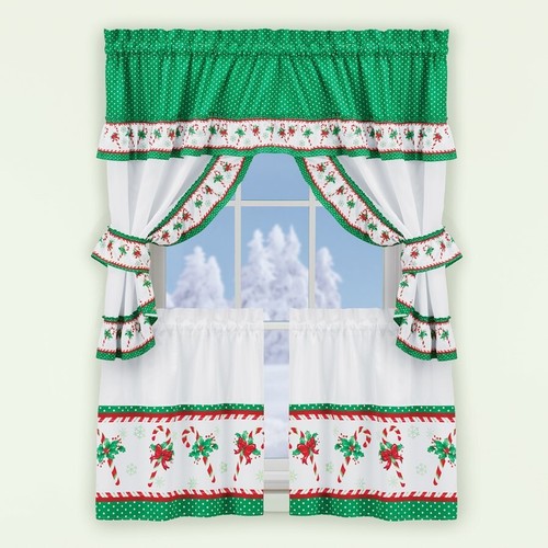 Candy Cane Ruffled Valance and Tiers 3-Piece Curtain Set 24" Tiers - Picture 3 of 6