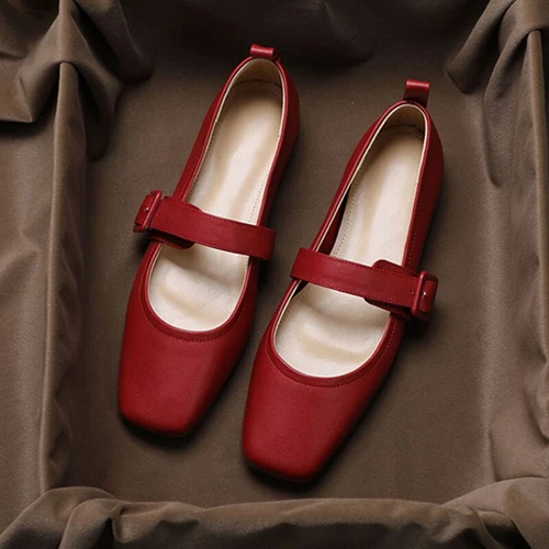 Zapatos de salón Mary Jane de punta cuadrada para mujer zapatos planos de fiesta damas sin cordones con correa al tobillo - Imagen 37 de 43