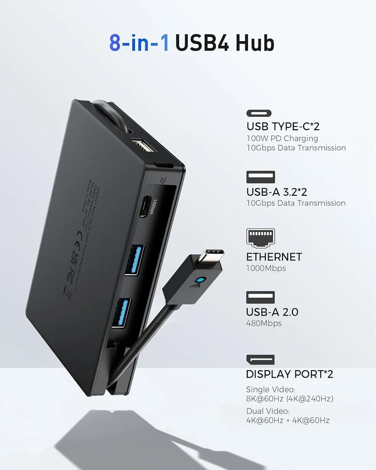 Cable Matters 8-in-1 Portable 40Gbps USB4 Hub (USB 4 Dock) Dual DisplayPort 4K@6 - Image 2 of 4