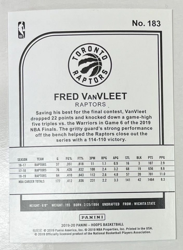 Fred VanVleet Raptors 2019-20 Panini NBA Hoops #183 - Image 2 of 2