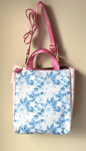 Betsey Johnson Zip Top Lunch Tote Bag w Strap - Pink/Blue Floral - Picture 4 of 8