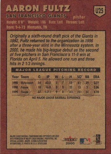 2000 Fleer Tradition Update Rookie Aaron Fultz San Francisco Giants #U25 - Picture 2 of 2