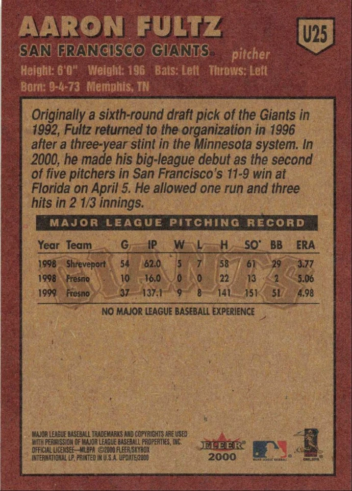 2000 Fleer Tradition Update Rookie Aaron Fultz San Francisco Giants #U25 - Image 2 of 2