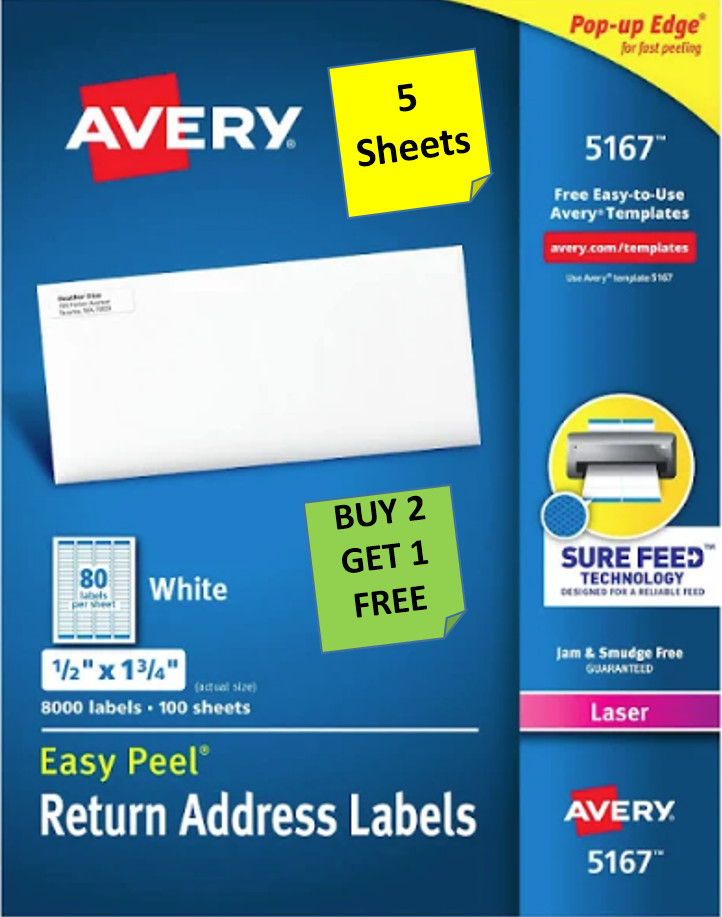 [5 Sheets] Avery 5167/5267/5967 Return Address Labels 1/2" x 1 3/4" LASER B2G1