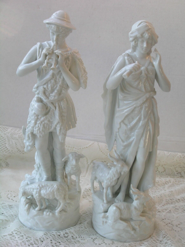 Pair Kalk Porcelain German Victorian Man & Woman Statue Figurine Sheep ...