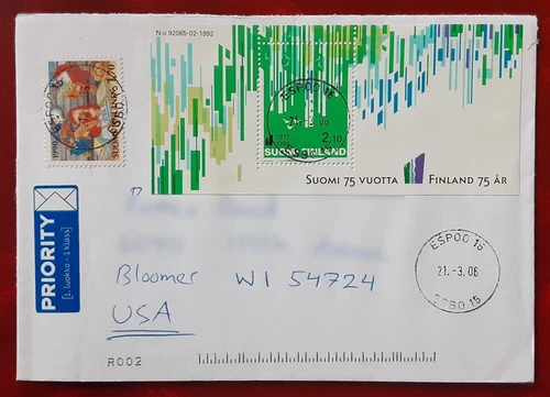 Finland Europe 2006 Combo Cover Espoo Postmark to Bloomer Wisconsin Note XF 7010