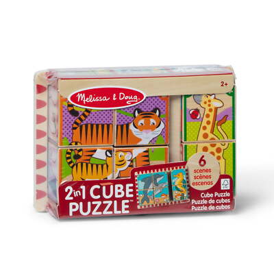 Melissa & Doug 2 in 1 Cube Wood Block Puzzle Animals 6 Scenes Preschool Toy Gift