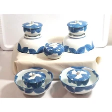 Japanese Tea Set Tea Cups Lids Rice Bowls Sugar Bowl Blue White Potter's Mark