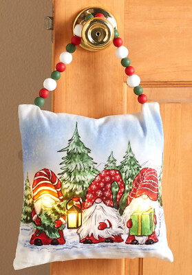 Holiday Lighted Accent Pillow Gnome Christmas Decor Wood Beaded