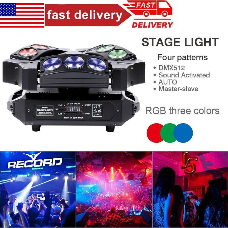 UKING Beam Spider Moving Head Stage Light 9 LED RGB DMX DJ Disco Wedding Party - Image 2 of 4