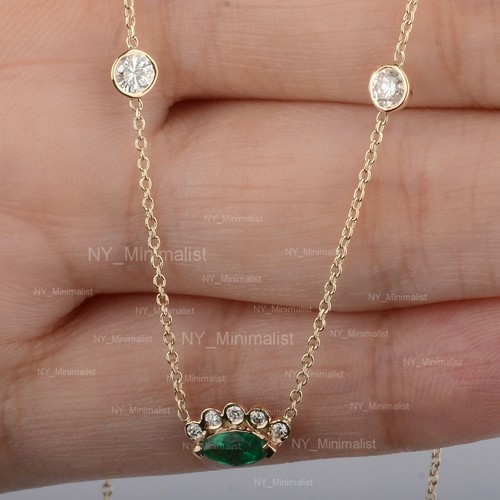 Marquise Emerald Diamond Evil Eye Solid 14K Yellow Gold Choker Pendant Necklace - Picture 4 of 8