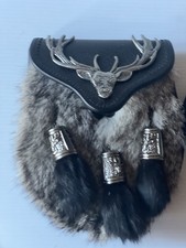 Scotland Leather Kilt Sporran 3 Tassels Made in Scotland Deer Head Black Fur