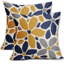 Navy Blue Yellow Grey Gray Pillow Covers 18x18 Set of 2 Geometric Art Flower ...