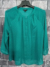 Banana Republic Women's Size L 1/4 Button-Up Blouse Green Dotted 3/4 Sl Sheer