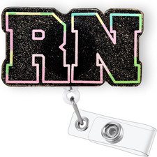 Glitter Black RN Badge Reel Retractable, Funny Registered Nurse Badge ID Holder