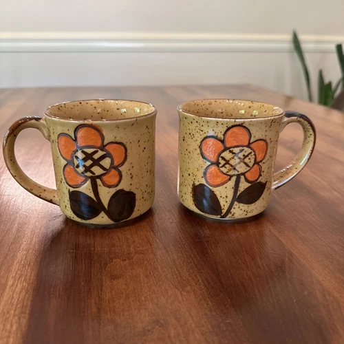 Otagiri Speckled Soup Coffee Mug Green Brown Orange Botanical Flower Cup Vintage