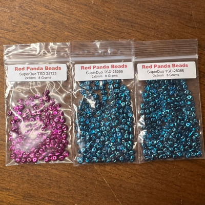 Red Panda Beads Czech SuperDuo Beads Pink and Turquoise Blue Lot of 3