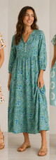 Karma East Dress M Green Blue Floral Rayon Boho Maxi Dress