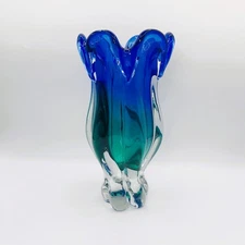 Vintage 90s Royal Gallery Art Glass Tulip Vase 9.75" - Blue Green Clear Poland