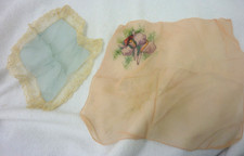 2 VINTAGE RAW SILK LADIES HANKIES BLUE LACE EDGE PEACH HAND PAINTED FLORAL