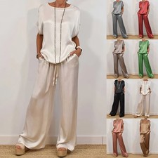 2 Piece Ladies Casual Suit Shirts Top+Pants Summer Satin Silk Outfits Co Ord Set
