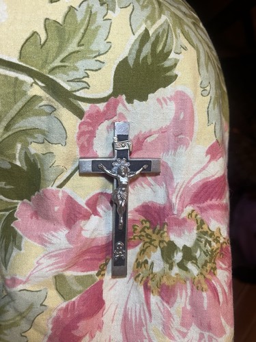 French pocket Altar cross 3½” Crucifix Alter server Silver 1800s Wood Desk Black - Picture 8 of 15