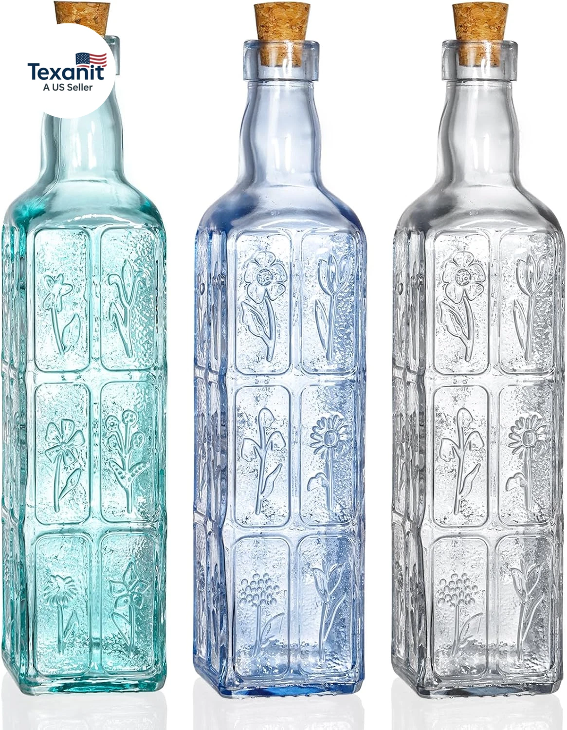 3 Pack Vintage Vase with Corks, Embossed Colorful Glass Bottles, Decorative Colo