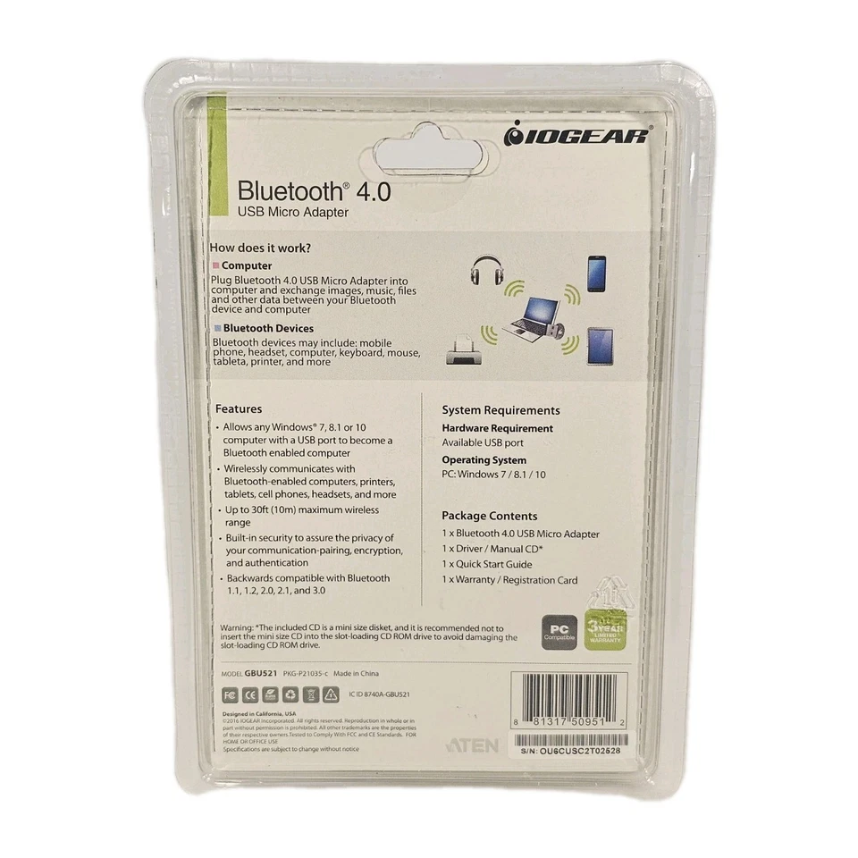 IOGEAR USB Bluetooth 4.0 Transmitter Micro Adapter GBU521 - Image 2 of 3