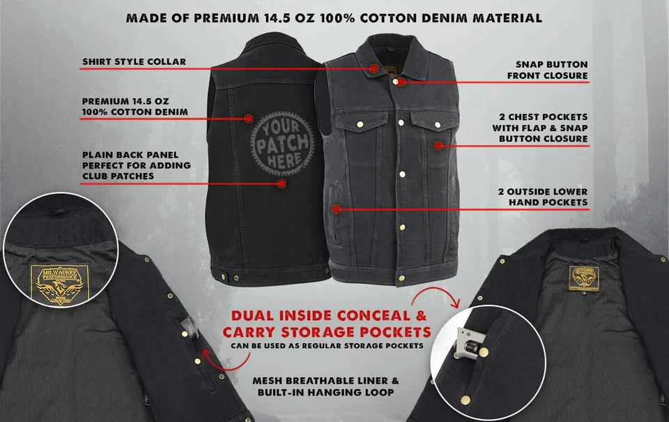 Milwaukee Leather DM1331 Men's Snap Front Motorcycle Denim Vest W/ Shirt Collar - Image 3 of 4