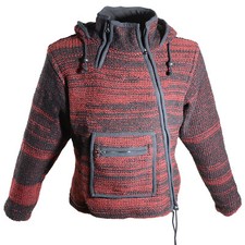 Veste en laine femme cardigan Hippie Goa avec doublure polaire et capuche noir/rouge