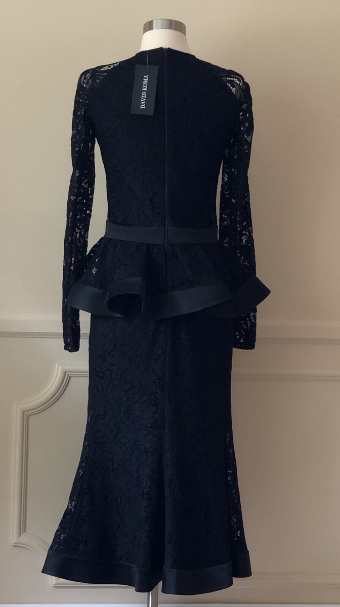 New David Koma Womens Lace Long Sleeve Peplum Flounce Midi Dress