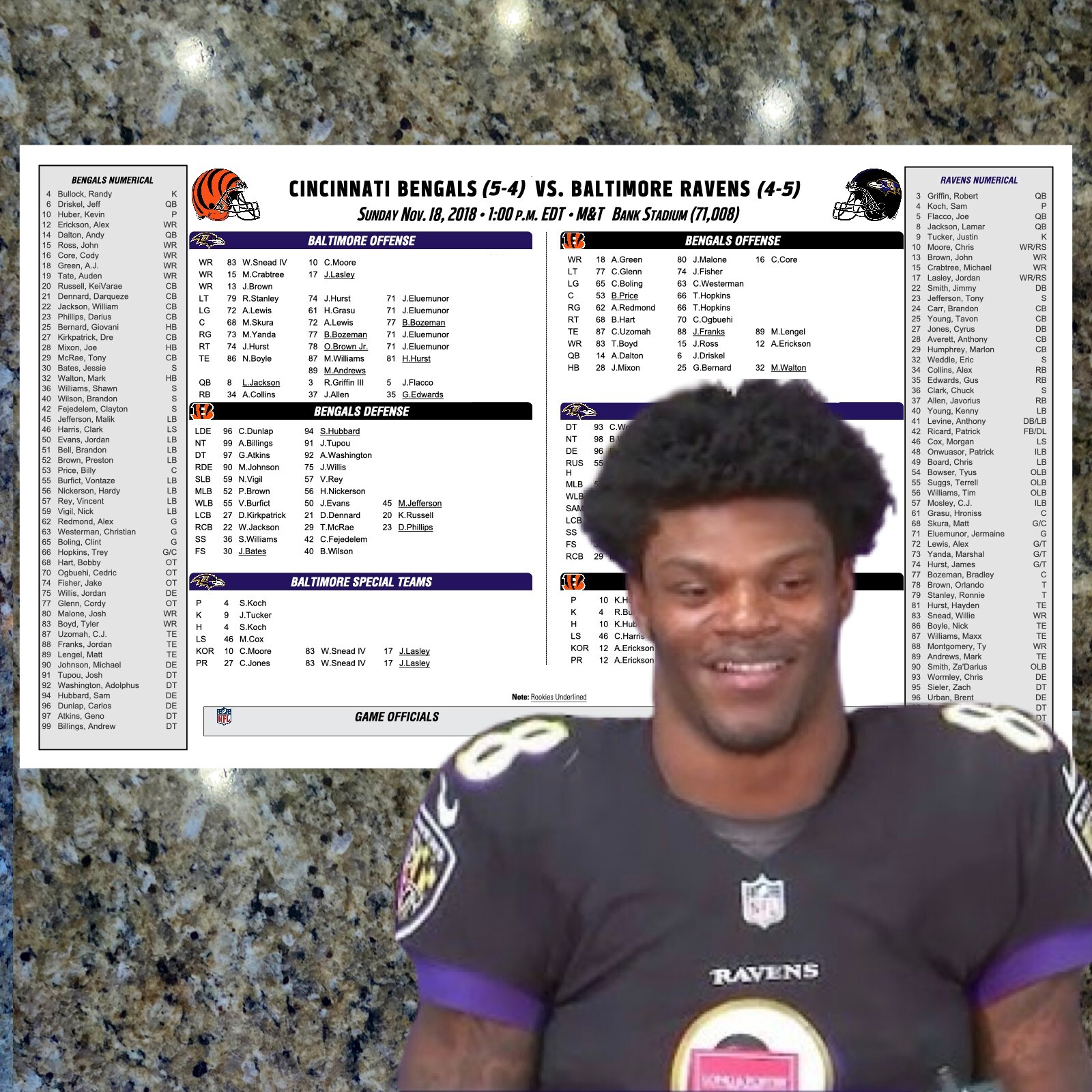 Lamar Jackson First NFL Start - Game Flip Card + Notes 11/18/2018 program ravens