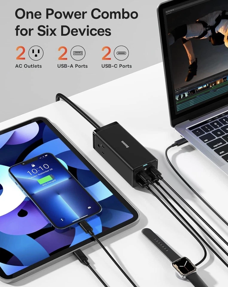 Baseus PowerCombo 65W - Tira de alimentación portátil USB C estación de carga de escritorio Foto 2 de 4