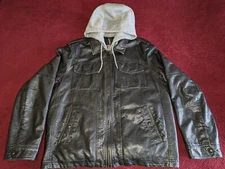 Levi’s G III Faux Leather Bomber Jacket Layered Double Zip Hood Lined Mens Sz L