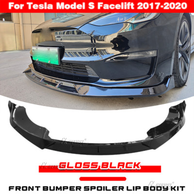 For 17-23 Tesla Model S Track Pack Style Front Bumper Lip Gloss Black 3PC Kit