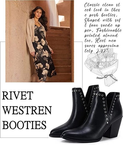 Rilista Women 6 Ankle Boots Cutout Pointed Toe Chunky Block Mid Heel Black - Picture 3 of 10