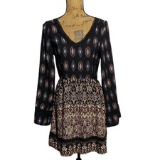 Soieblue Dress SMALL Black Multicolor Floral Open Back Tie Wide Long Sl Flirty